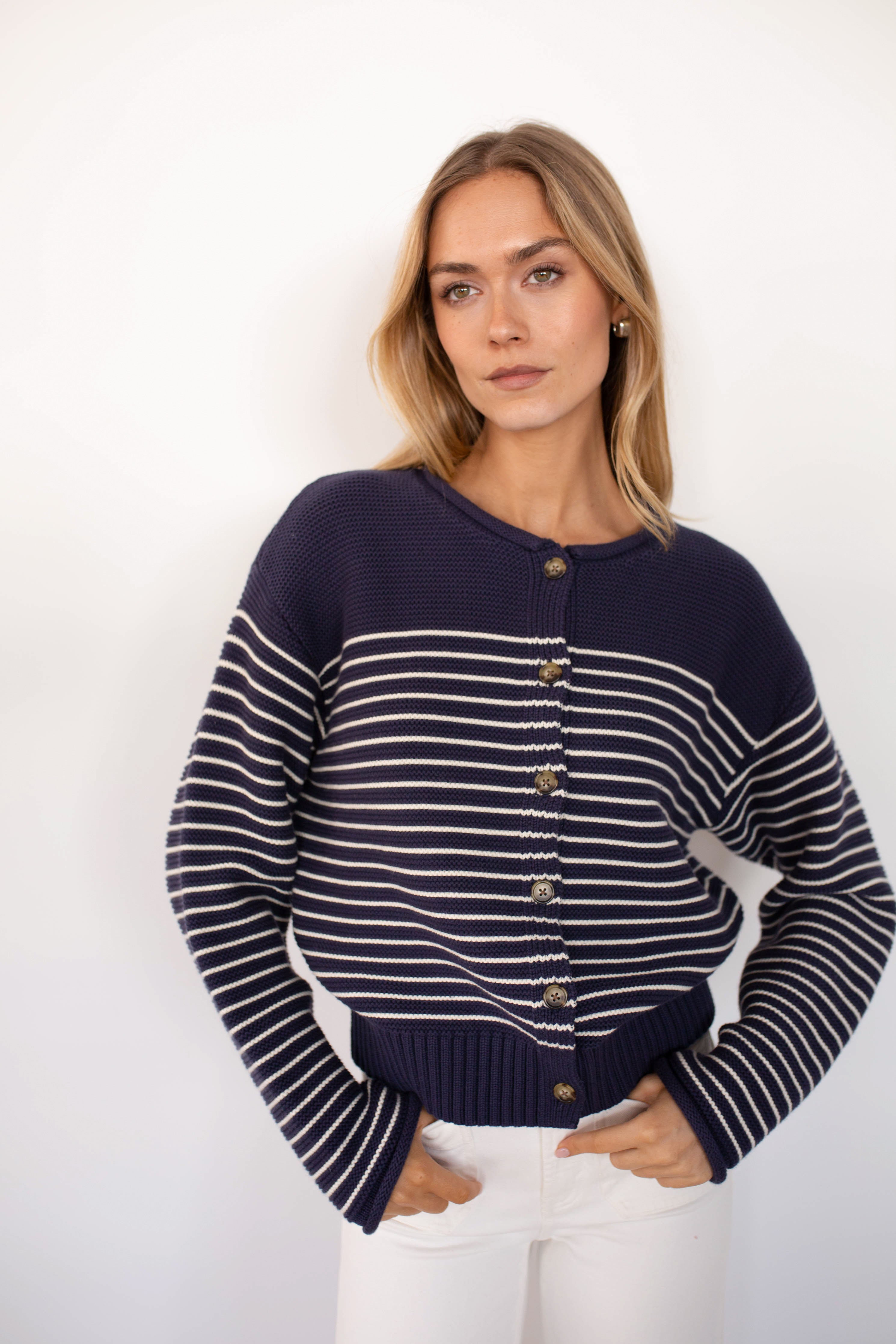 Martha Cardigan - Navy/Ivory Stripe – Marea by Liz Joy