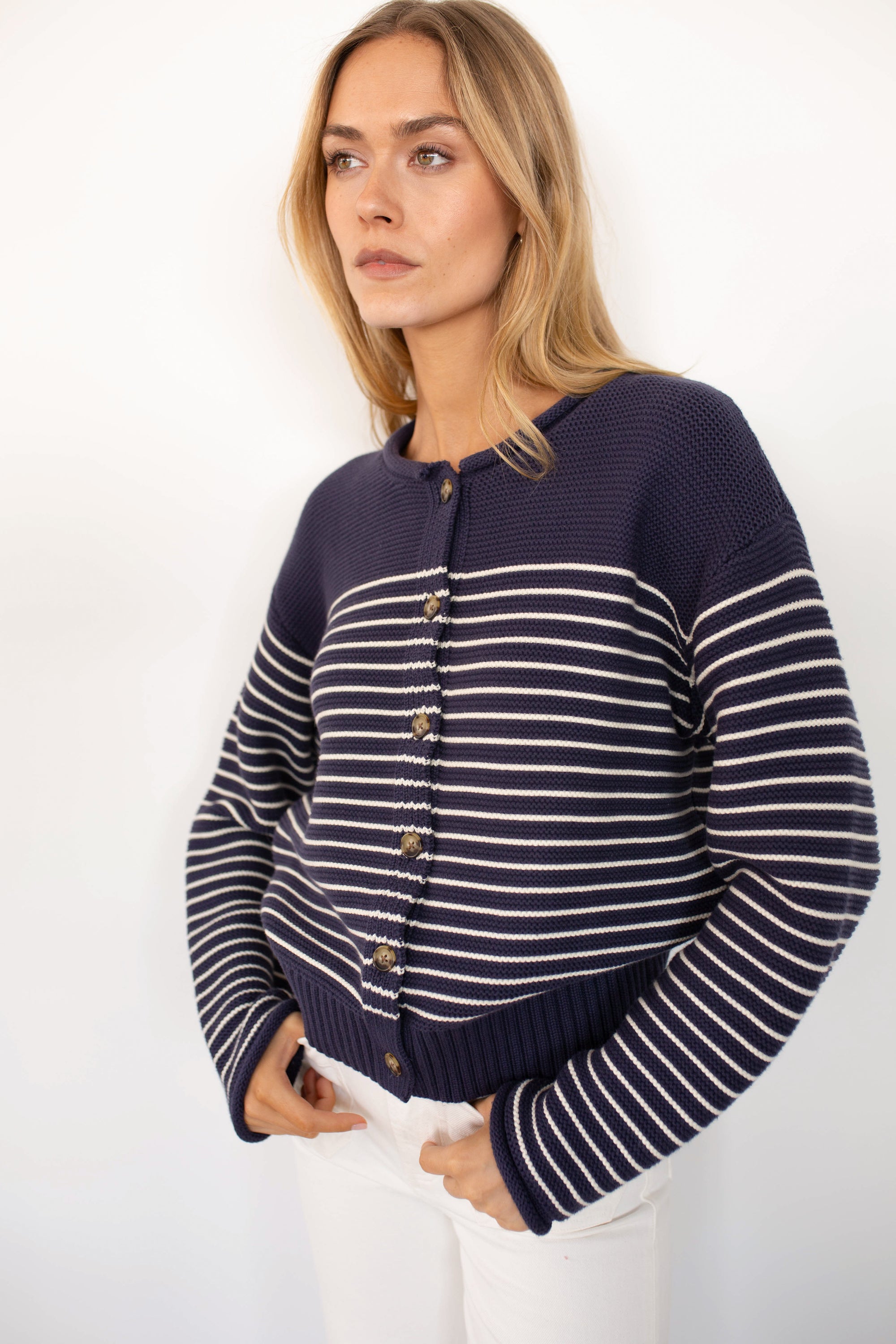 Martha Cardigan - Navy/Ivory Stripe