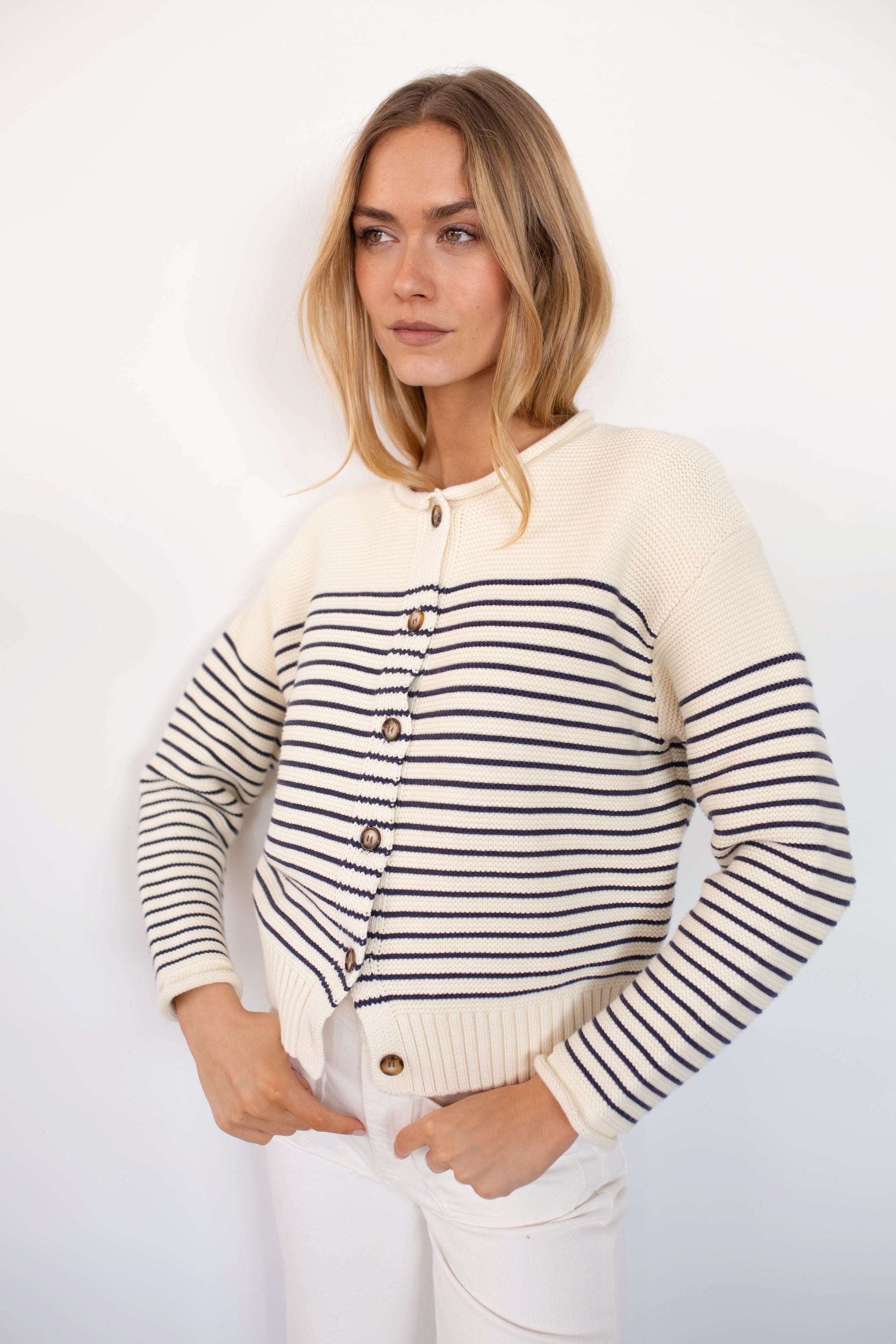 Martha Cardigan - Ivory/Navy Stripe