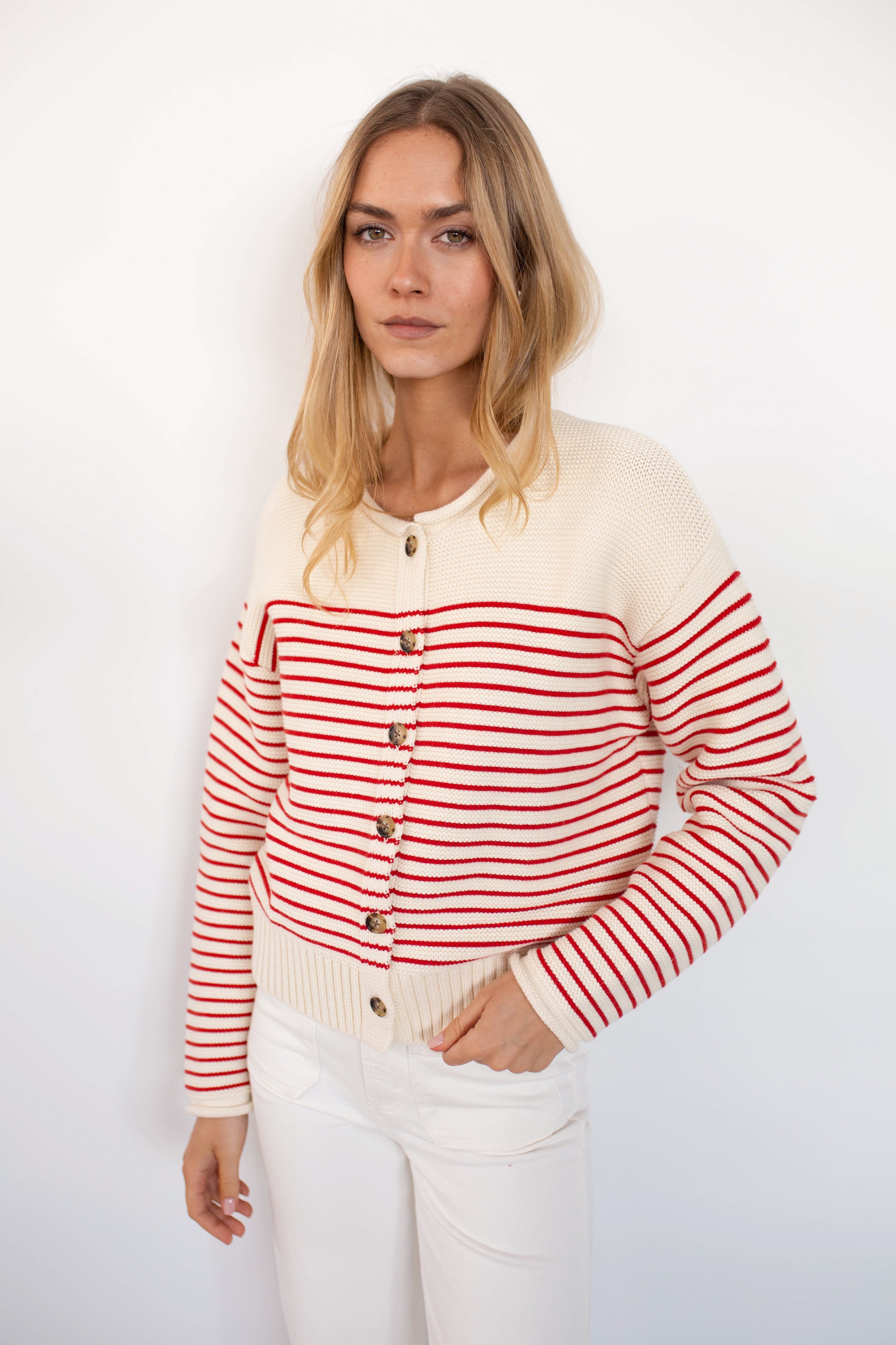 Martha Cardigan - Ivory/Red Stripe – Marea by Liz Joy