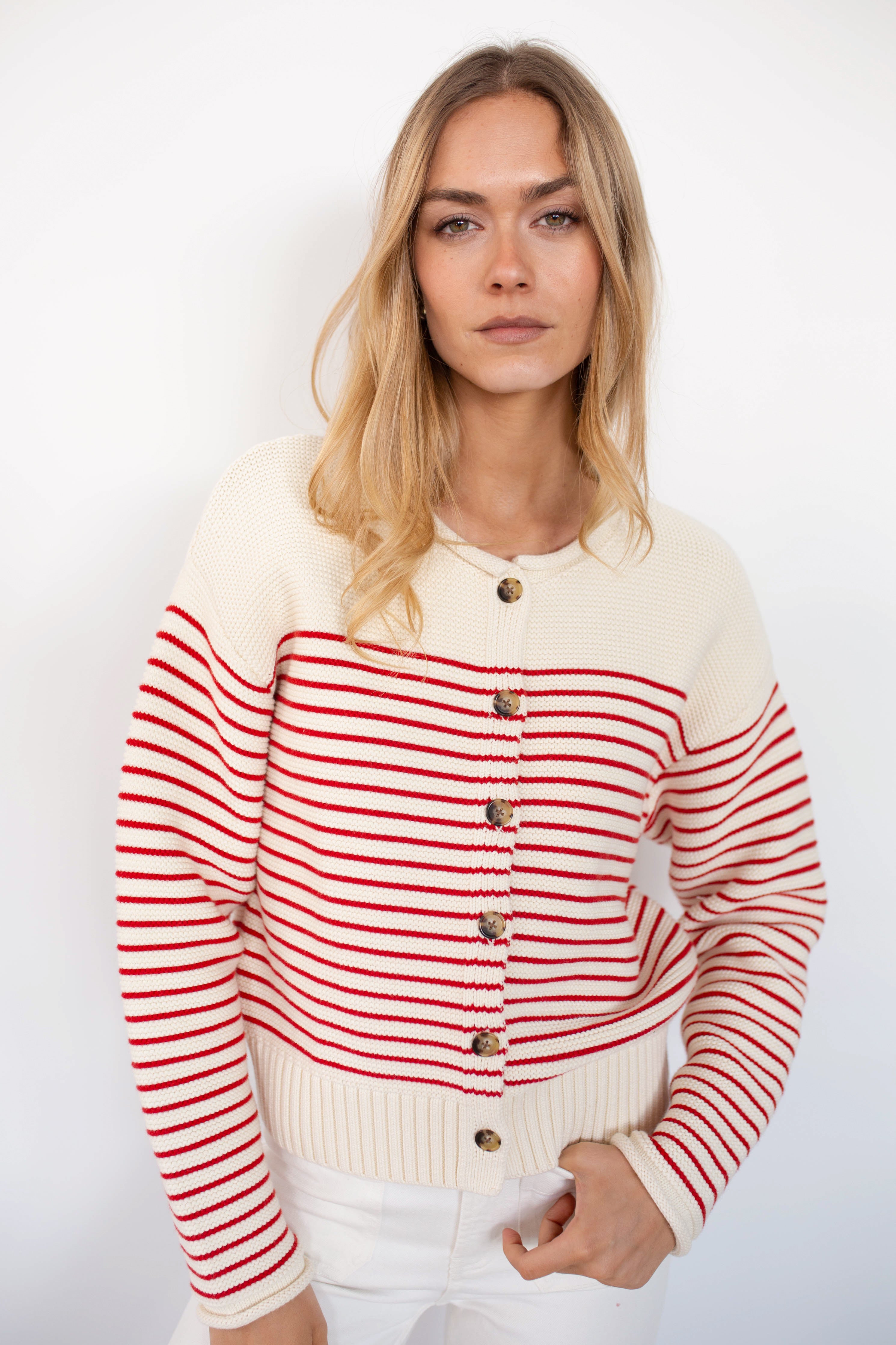 Martha Cardigan - Ivory/Red Stripe – Marea by Liz Joy