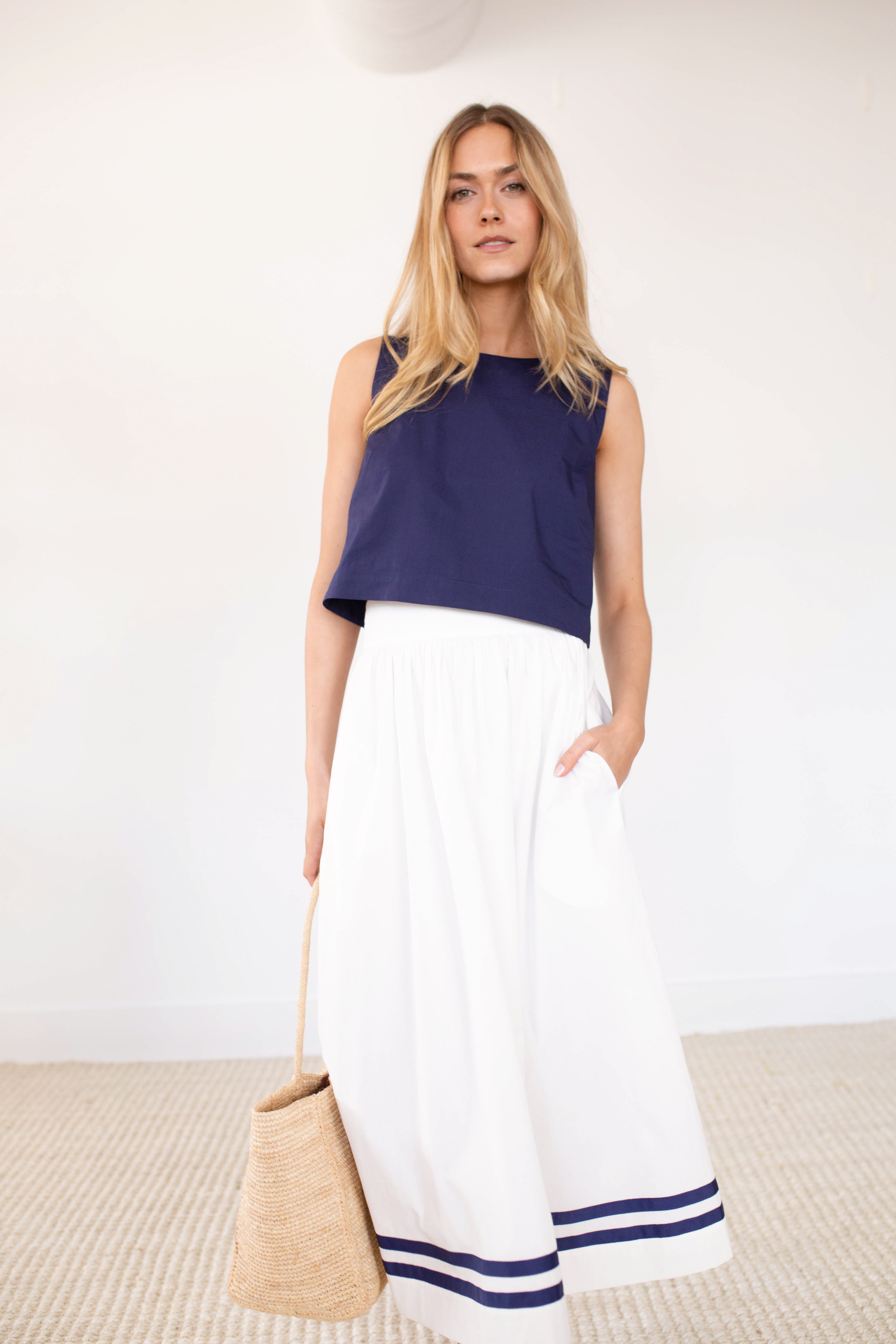Charlotte Skirt - White with Navy Trim – Marea by Liz Joy