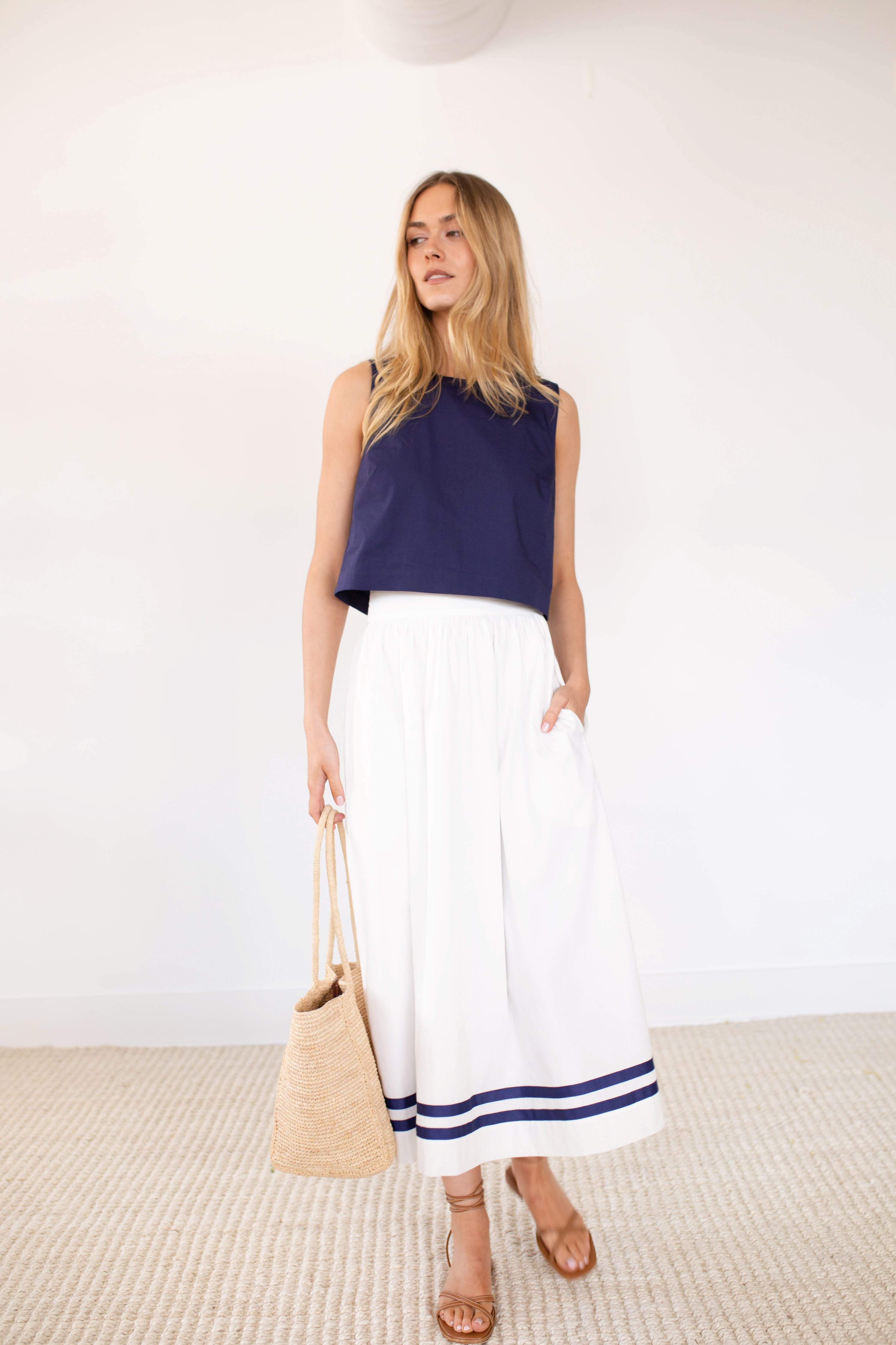 Charlotte Skirt - White with Navy Trim – Marea by Liz Joy