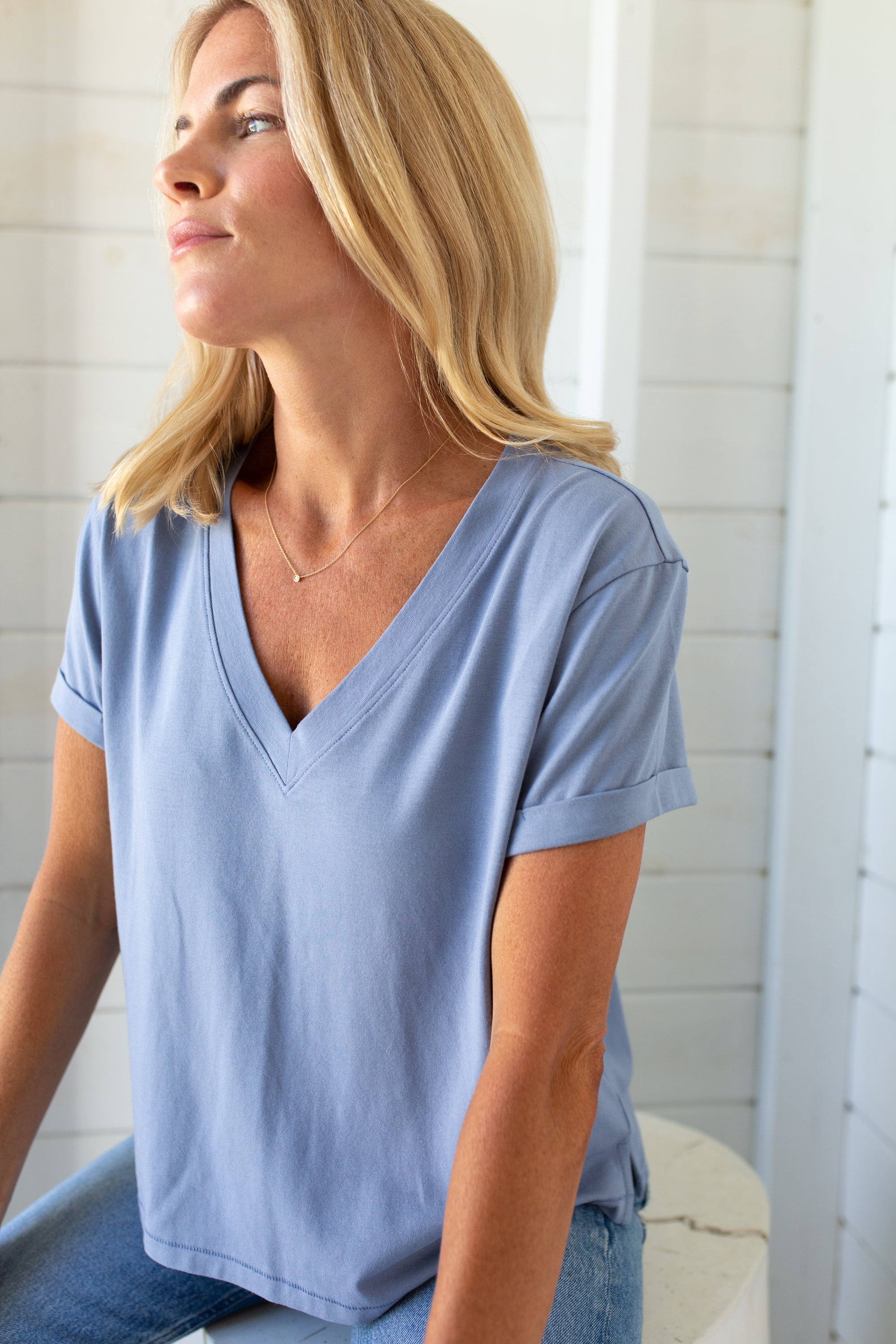 Short Sleeve Roller V Neck Tee - Blue Hydrangea