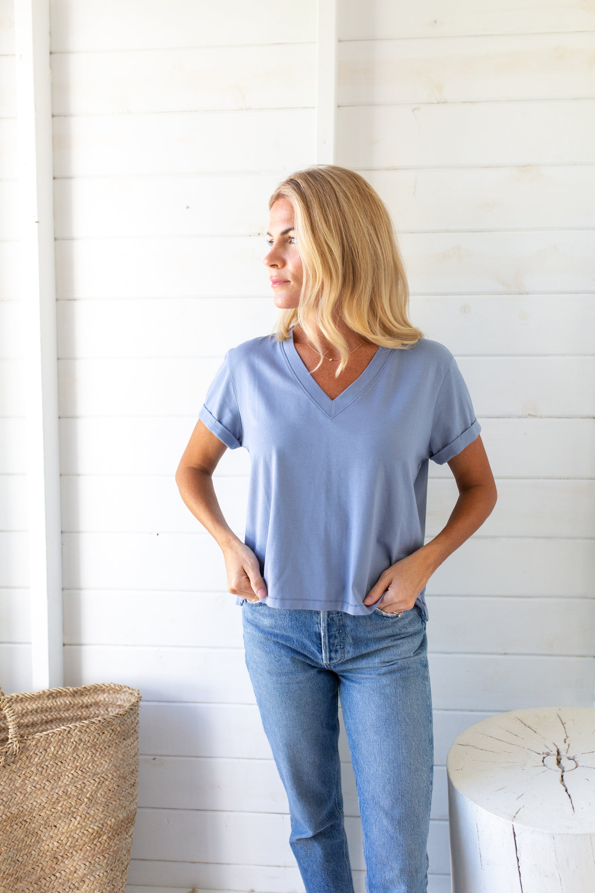 Short Sleeve Roller V Neck Tee - Blue Hydrangea