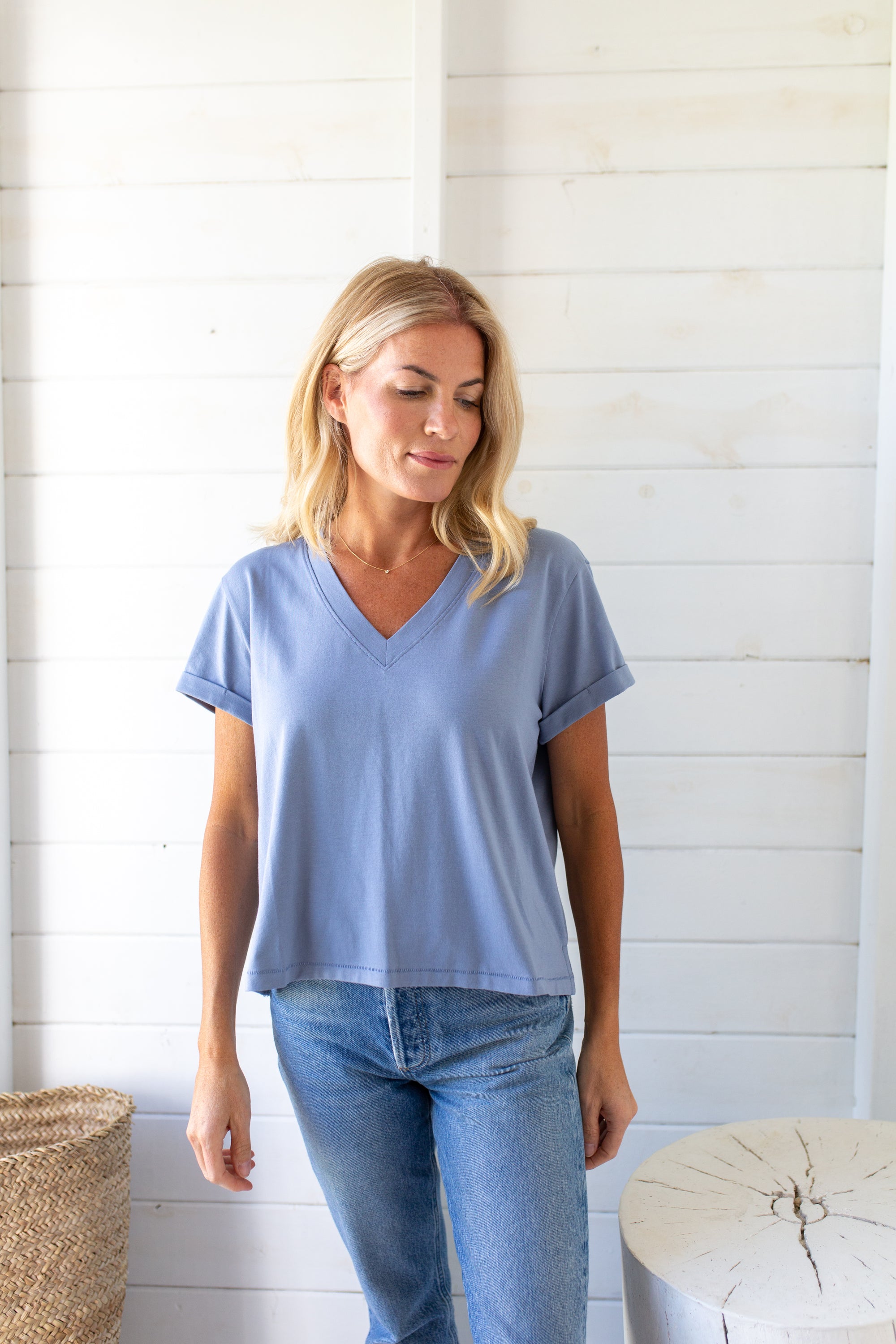 Short Sleeve Roller V Neck Tee - Blue Hydrangea