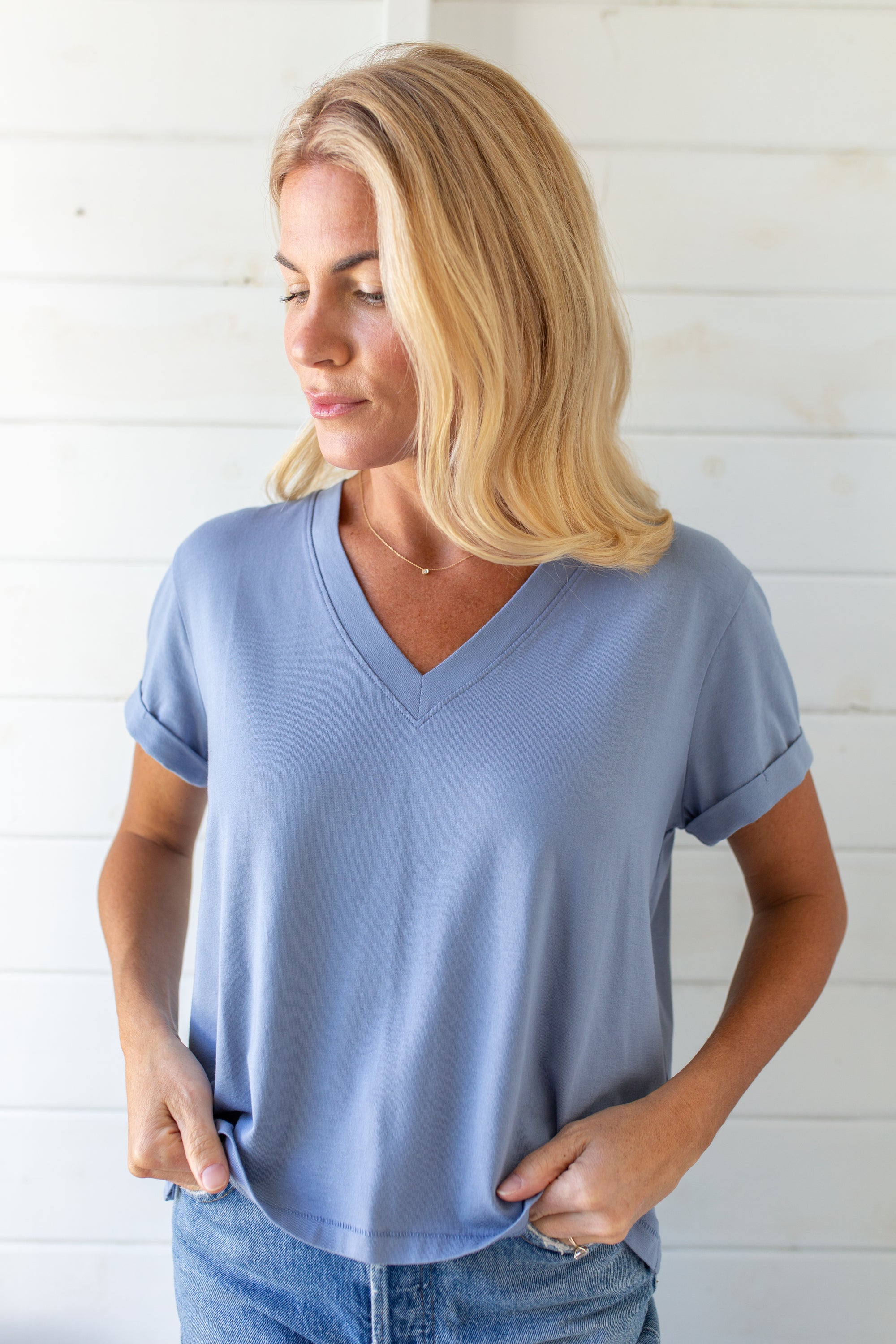 Short Sleeve Roller V Neck Tee - Blue Hydrangea