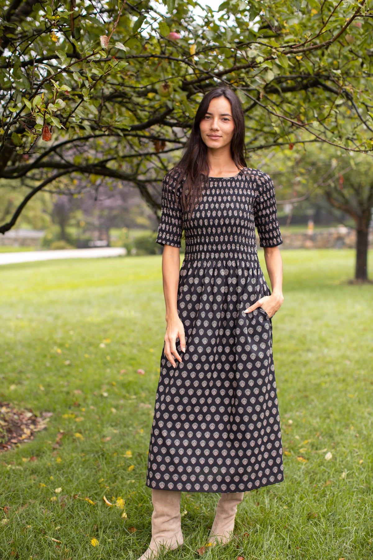 Whitby Smocked Cotton Maxi Dress - Black Mini Meadow
